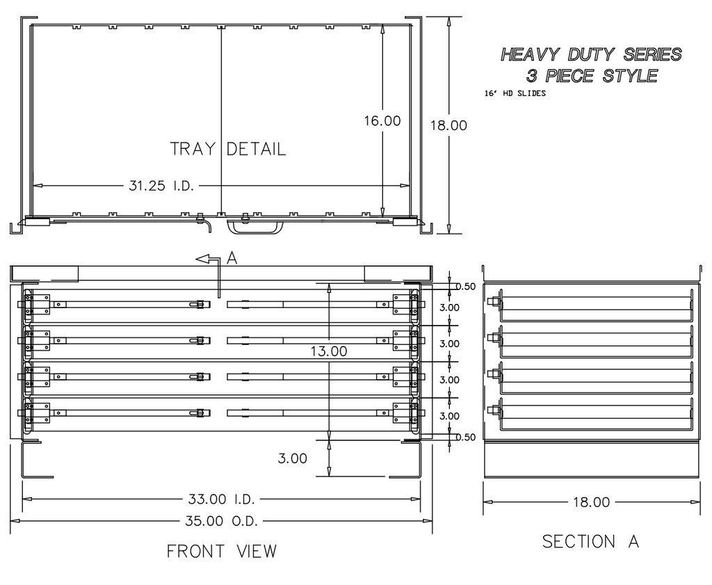 Dwg# 11025-B Tool Box Drawer Unit – 4 Drawer Steel Toolbox Insert (35” W x 18” D x 13” T)