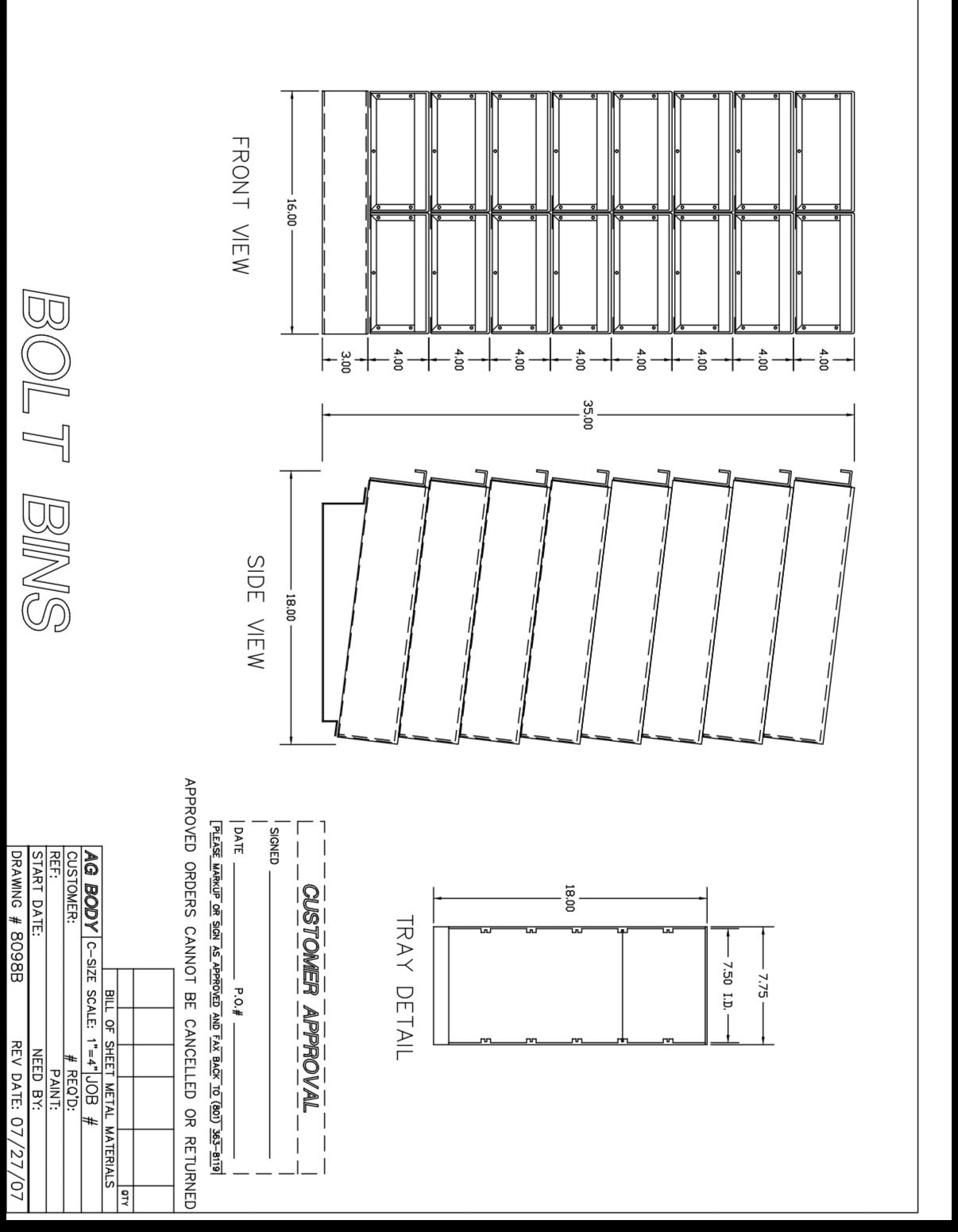 Dwg# 8098-B, Bolt Bin Toolbox, 16” W x 18” D x 35” T, 2 Drawers Wide x 8 Drawers Tall