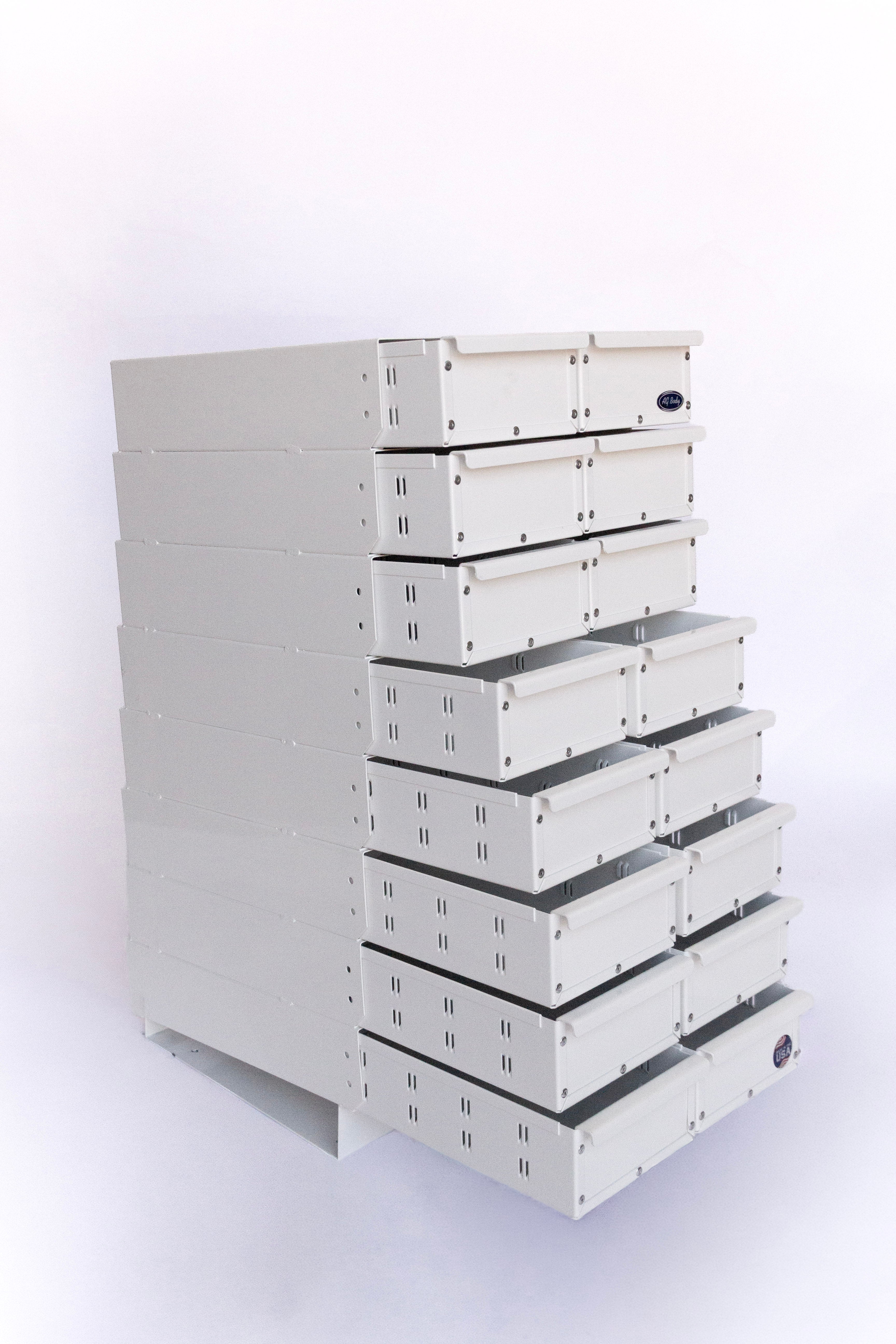 Dwg# 8098-B, Bolt Bin Toolbox, 16” W x 18” D x 35” T, 2 Drawers Wide x 8 Drawers Tall
